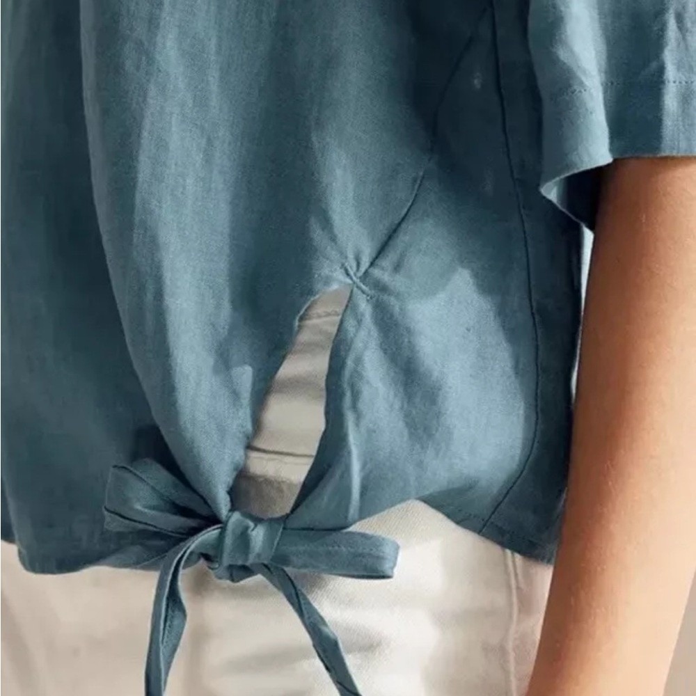 Grae Cove 100% Linen Nwt Side Tie Top Teal Blue Button Down Blouse M — image 3 of 8